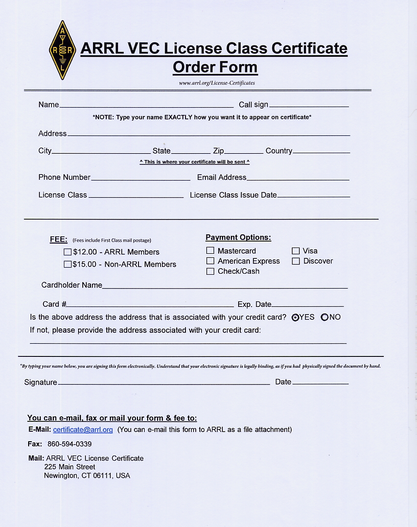 19. ARRL - VEC License Certificate Order Form
